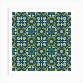 Retro Tile Octagon Pattern Cool Blue And Olive Art Print