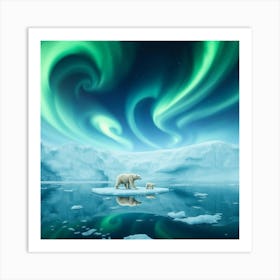 Polar Bears On An Iceberg Under The Northern Lights Art Print