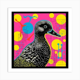 Geometric Pink & Yellow Linocut Style Duckling 1 Art Print