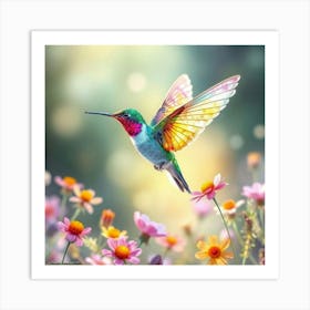 A Hummingbird With Wings Of Rainbow Flowers, Hovering In A Glowing Watercolor Meadow Art Print