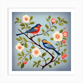 Scandinavian Rosemaling, Bird On a Branch, folk art, 113 Art Print