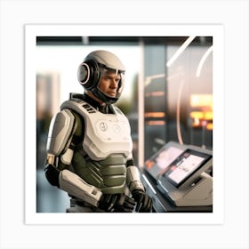 The Image Depicts A Stronger Futuristic Suit For Military With A Digital Music Streaming Display Art Print