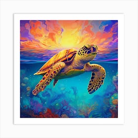 Sea Turtle At Sunset. Turtle Transcendence: A Green Voyage into Psychedelia. Art Print