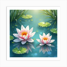 Magical Blossoms Floating In A Serene Pond, Watercolor 1 Art Print