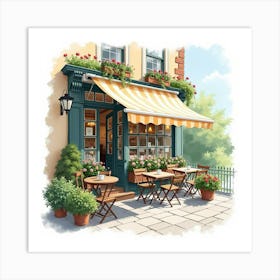 A Charming English Café With Outdoor Seating And Flowering Plants, Watercolor Style 1 Art Print