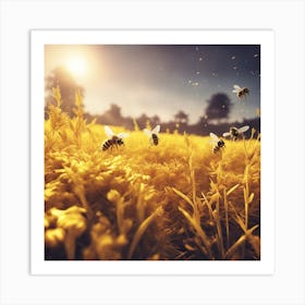 A Beautiful Yellow Bees Setting On The Horizon, The Sun Shines Through The Tops Of Rice Art Print