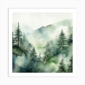 Appalachian Mountains of Misty Pines Watercolor Print of Evergreen Forest..357 Art Print