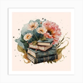 Best books and flowers on watercolor background 3 Art Print