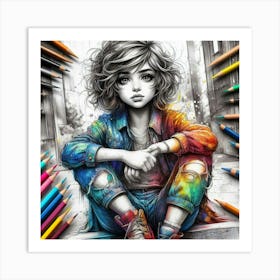 Girl With Colored Pencils Art Print