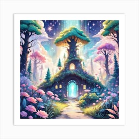 A Fantasy Forest With Twinkling Stars In Pastel Tone Square Composition 185 Art Print