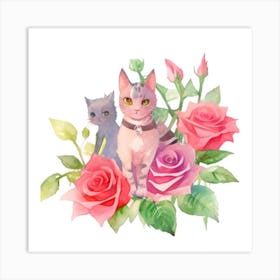 Watercolor Cats And Roses Art Print