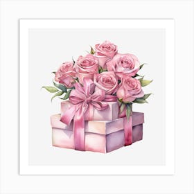 Pink Roses In A Gift Box 5 Art Print