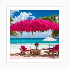 Roses Umbrella On The Beach 1 Art Print