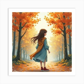 Beautiful Lady In Watercolor Attire, Scenic Autumn Forest 1 Art Print