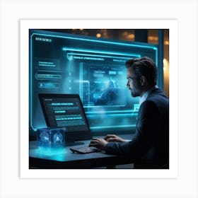 Futuristic Man Working On Computer Art Print