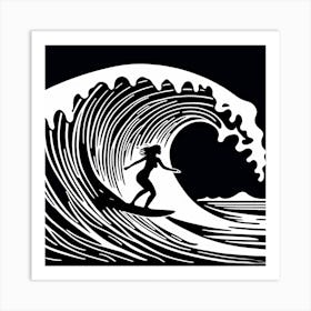 Linocut Black And White Surfer Girl On A Wave art, surfing art, 226 Art Print