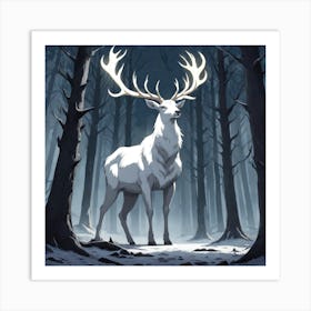 A White Stag In A Fog Forest In Minimalist Style Square Composition 24 Art Print