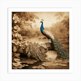 Default Peacock In A Sepia Oasis A Graceful Peacock With Subtl 0 Art Print