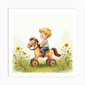 Baby Boy Riding A Toy Horse Through A Watercolor Field Of Wildflowers Art Print