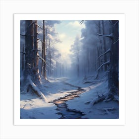 Winding Stream In Wintry Forest Art Print