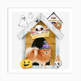 Halloween Pomeranian Dog Witch Haunted House Art Print