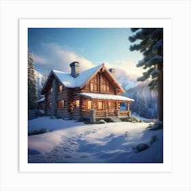 Log Cabin In Winter paintings art print Art Print