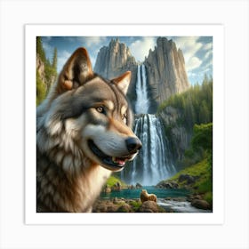 Wolf And Waterfall Art Print