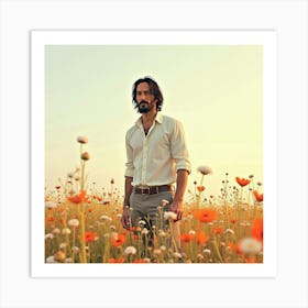 Keanu Reeves In A Serene Watercolor Field Of Wildflowers With Soft Light Art Print