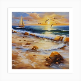 Oil painting design on canvas. Sandy beach rocks. Waves. Sailboat. Seagulls. The sun before sunset.15 Art Print