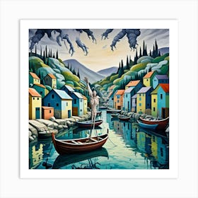 Medieval Fishing Village Cubism Style Art Print