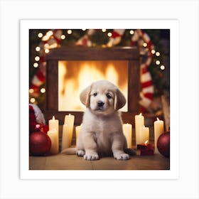 Christmas Puppy In Front Of Fireplace Art Print