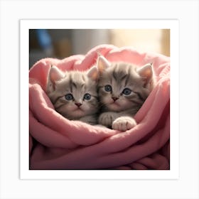 A Litter Of Fluffy Kittens Cuddles Together In A Soft Blanket Nest Art Print