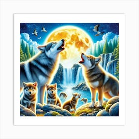 Howling Moon Wolves Art Print