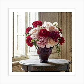 Vase Cradling A Blend Of Blooming Roses And Peonies Petals Unfurling With Elegance Soft Sunlight F Art Print