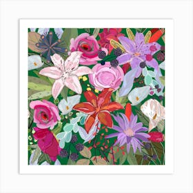 Lily And Colorful Flowers Pattern Square Art Print