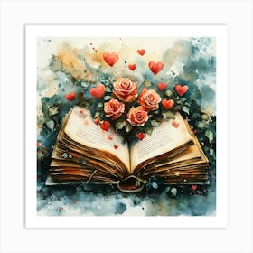 Watercolor Romantic Book Roses Hearts 7 Art Print