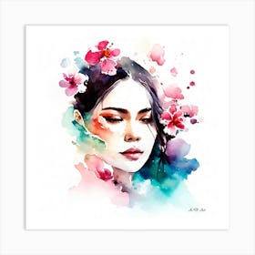 Beautiful Vientnamese Girl With Flower Decoration As A Colorful Water Painting Portrait Art Print