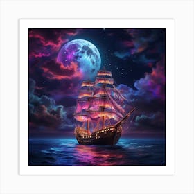 Ship In The Sea At Night Art Print