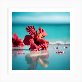 Blue Ocean and Red Hibiscus Flowers Art Print