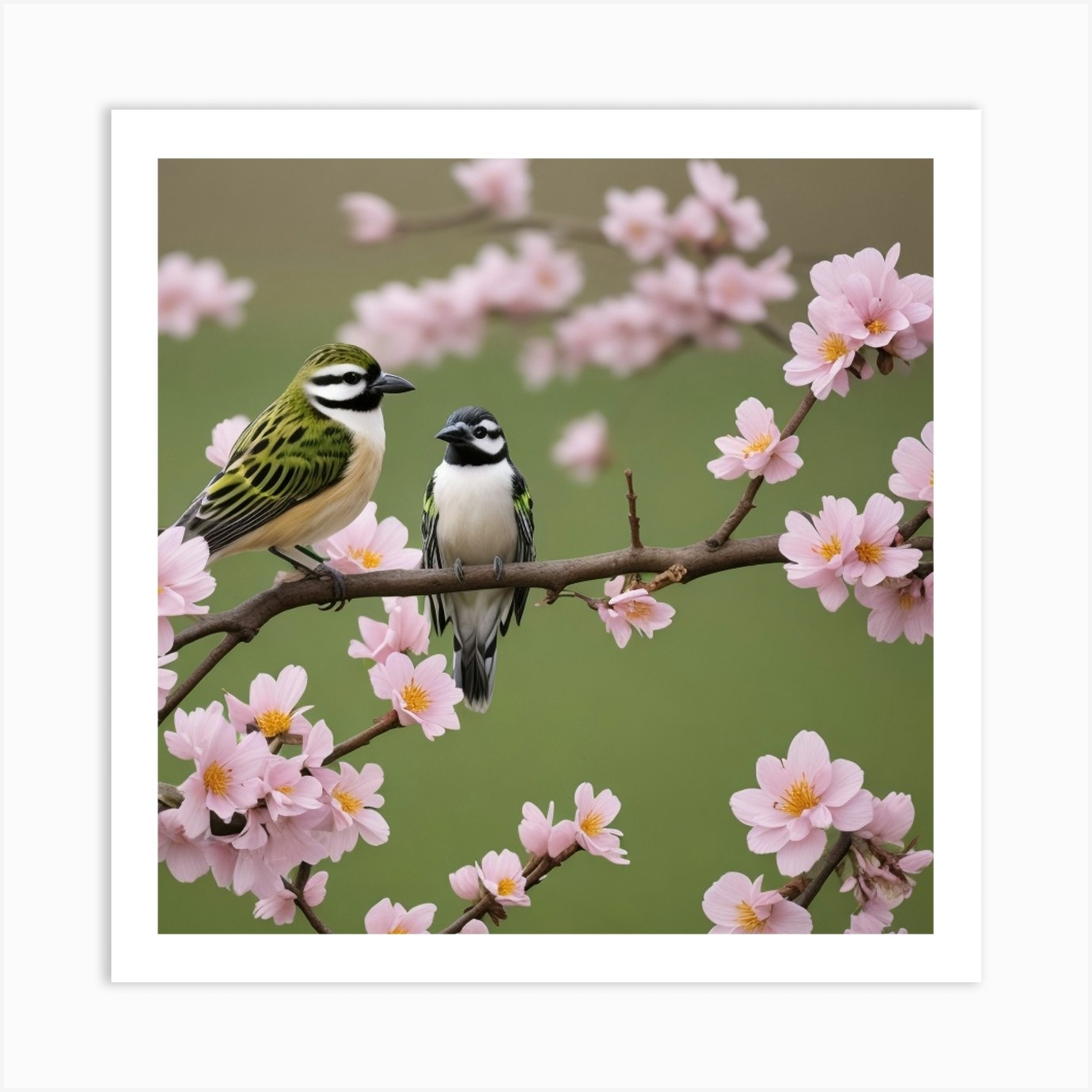 Two Birds Perched On A Cherry Blossom Tree Art Print