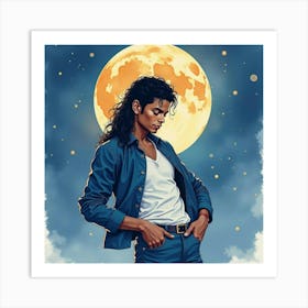 Watercolor Illustration Of Michael Jackson With Moonlit Skies 1 Art Print