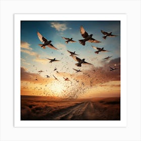 Pigeons In Flight, A Flock Of Birds Transforming Into Paper Planes Symbolizing The Journey From Freedom To Exploration , Pigeons In Flight Art Print