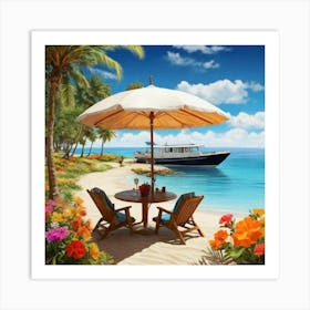 Beach Scene With Umbrella 1 Art Print