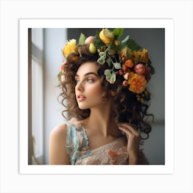 Beautiful Woman With Flowers in Head Art Print