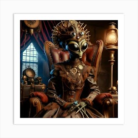 Steampunk Alien Dressed Like A Medieval Queen Sits On A Throne 2 Art Print