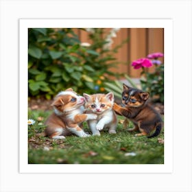 Puppies and kittens in beautiful green garden 1 Art Print