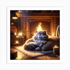 Cat In Front Of Fireplace Art Print