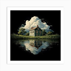 Firefly Black Background, Reflection, Old House, Cloud, Pond, Atmospheric, Serene, Mysterious, Moody (3) Art Print