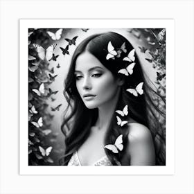 Black And White Butterfly Girl Art Print