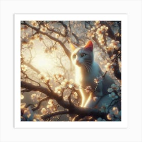 Cat In Blossoming Cherry Tree Art Print